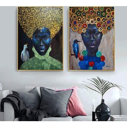 Golden Circle Hair Africa Black Woman Canvas Paintings Bird on Shoulder Wall Art Pictures Print and Poster for Living Room Decor