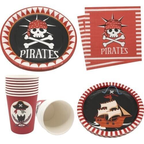 8Pcs Happy Halloween Pirate Skull Happy Birthday Paper Plates Cups Tableware Baby Showe Celebration Decoration Party Supplies
