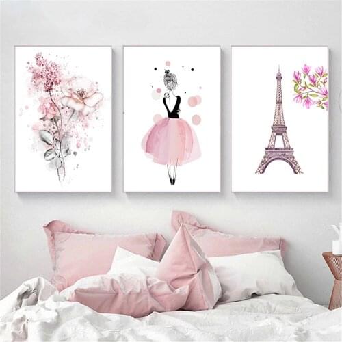 Watercolor Pink Princess Girl Flower Canvas Paintings Eiffel Tower Poster Print Nordic Wall Art Picture For Kids Room Home Decor