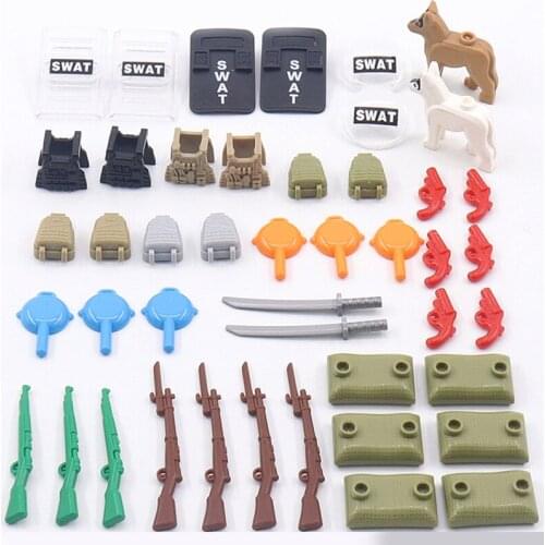 Army Soldier Figure Accessories Weapon Gun SWAT Police Dog Shield Sandbag Vest Pan Combat Backpack PUBG MOC Bricks Pack Toys Kid