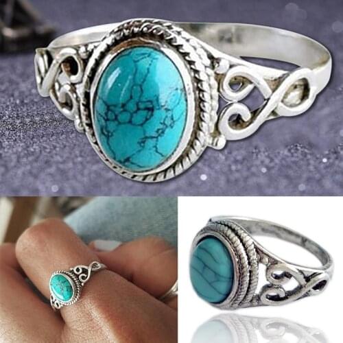 Bohemian Large Oval Natural Stone Rings For Women Men Vintage Dual Color Blue Beads Turquoises Finger Rings Party Jewelry