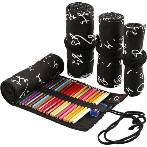 Black School Pencil Case Roll 12/24/36/48/72 Slot Pencilcase for Girls Boy Cartridge Penal Large Pen Stationery Bag Supplies Kit