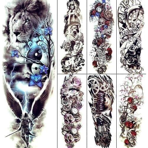 Black And White Large Lion Men Temporary Tattoo Legs Cool Rider Wing Boys Full Arm Tattoo Stickers Lighting Cavalier Tatoo Women