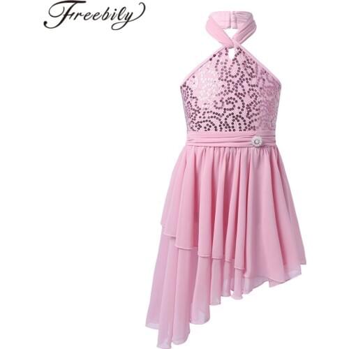 Girls Ballet Dress Kids Sleeveless Sparkly Sequins Dance Leotard Dress Contemporary Lyrical Dance Costume Latin Dance Dress