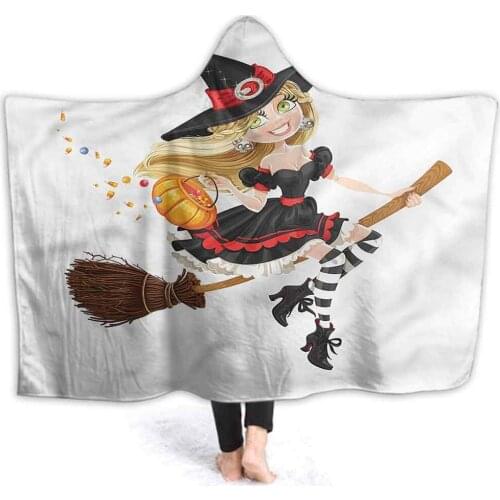 Kids Hooded Blanket Witch Sherpa Fleece Wearable Throw Blanket Young Lady Flying Broomstick Blanket for Office Cape Snuggle