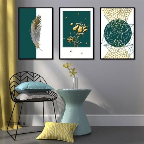 Gold Feather Flower Canvas Painting Modern Minimalist Poster and Prints Geometric Lines Wall Art Pictures for Living Room Decor