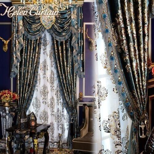 Helen Curtain Set European Luxury Curtains With Valance For Living Room Curtain Set Bronzing Blue Curtains Ready made 051