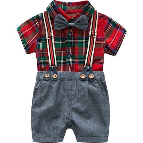 Red Plaid Baby Boy Clothes Summer Newborn Children Clothes Set Cotton Short Sleeves Shirt+Short Pants Infant Clothes Set Red