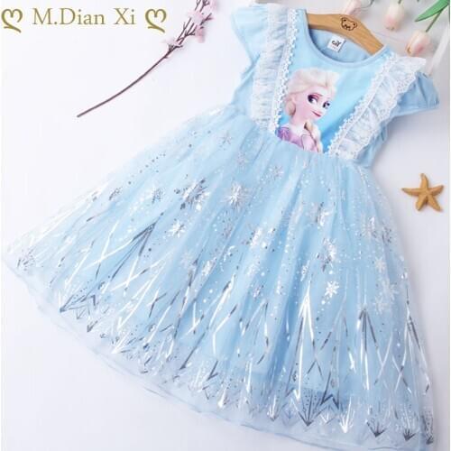 Summer Toddler Girls Lace Dress Kids Cartoon Frozen Elsa Mesh Princess Wedding Dresses Children Clothing for Baby Girls 2-7Y