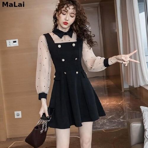 Malai 2021 New Korean Peter Pan Collar Slim Small Clear Women Dress Long Sleeve Patchwork One-Piece Dresses Black