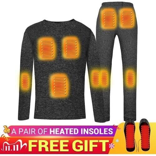 Men Heated Sports Ski Shirt Heating T Shirt + Heating Tights Electric USB Heated Thermal Underwear Set Keep Warm Camping Winter