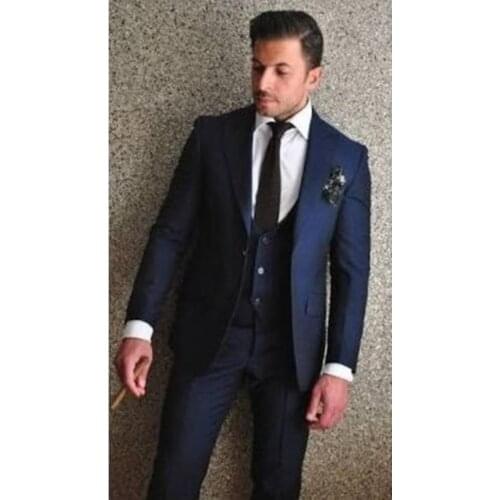 2020 Mens Fashion Navy Blue 3 Pieces Men Suits for Weddings Slim Fit Groom Blazer Dress Tuxedo Mens Suits with Pants Vest Jacket