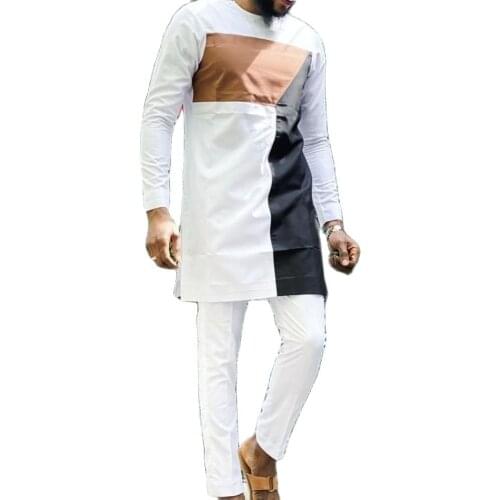 Nigerian Style Man Shirts With Pants African Occasion Tailor Made African Fashion Brown/Black/White Tops+ Solid Trousers