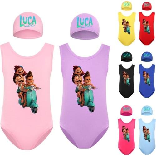 Newest Fashion Toddler Baby Girl Swimwear Hats 2PCS Cute Luca Print Swimsuit Swimming Suit Children Kids One-Piece Bikinis 2-16Y