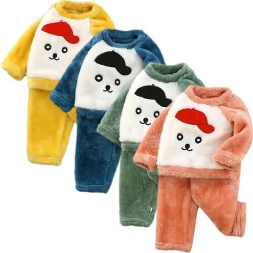 New Unisex Children Boy Warm Thick Fleece Cartoon Pyjamas Girl long sleeve Sleepwear Suit Kids Winter Flannel Homewear Sets