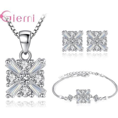 925 Sterling Silver Necklace Earrings Bracelet Jewelry Set For Women Wedding Romantic Style CZ Cubic Zirconia Wholesale