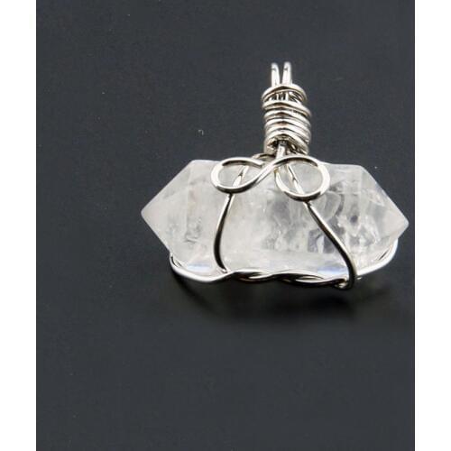 Silver Plated Wire Wrap Hexagon Column Natural Rock Crystal Pendant for Party Gift Fashion Jewelry