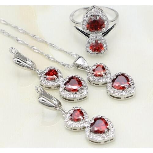 Jewelry Sets of 925 Silver Heart Shape Stones For Bride Red Cubic Zirconia White Crystal Earrings/Pendant/Necklace/Ring Set