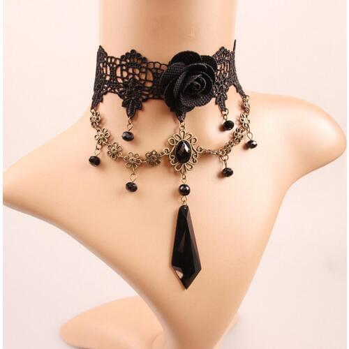 Vintage Gothic Fabric Floral and Unshaped Drops Fashion Lace Choker Necklace