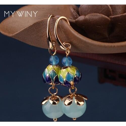 NEW MYWINY fashion jewelry Copper jewelry Cloisonne Lotus flowers vintage blue earrings women Chinese wind