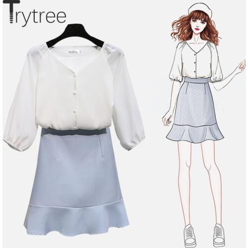 Trytree Autumn Women two piece set Casual V-Neck Puff Sleeve Single Breasted Tops + Skirt Ruffles Hem Office Lady 2 Piece Set