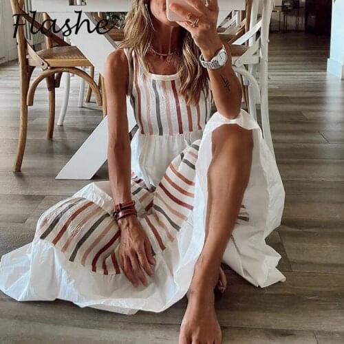 2021 Summer Dresses For Women Casual O Neck Patchwork Striped Print Dress Women Sexy Sleeveless Beach Vacation Long Dress