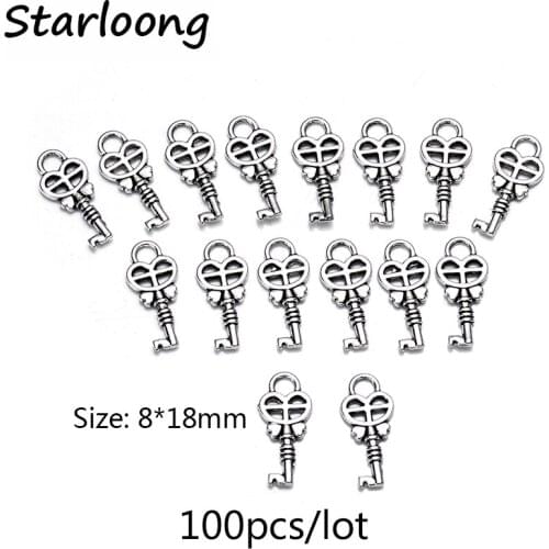 100pcs/lot antique vintage silver plated zinc alloy heart key little charm pendants DIY Jewelry making for bracelet necklace