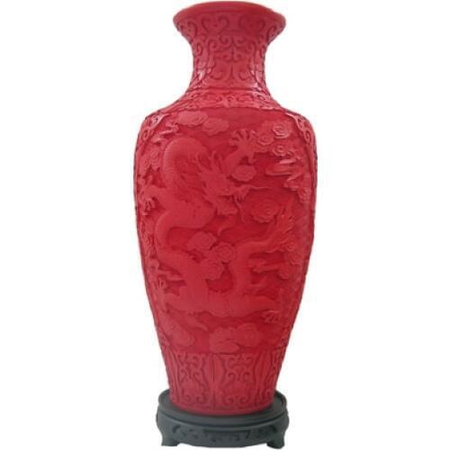 15 inch / Exquisite Chinese Classical Traditional Technology Red Lacquerware Dragon Designs Auspicious Vase No.3