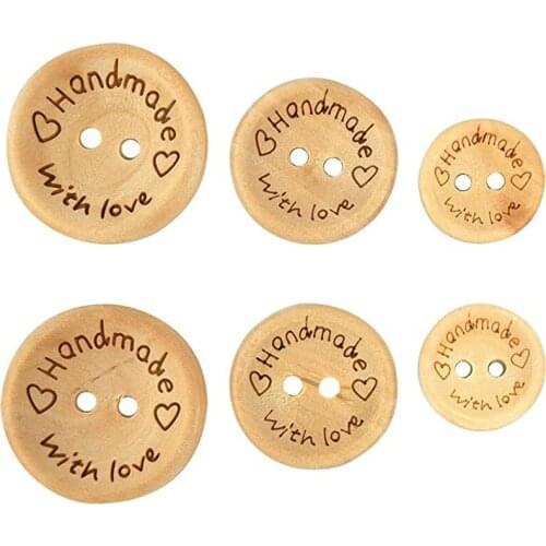 50PCS Wooden Handmade Buttons with Love Round Shape 2 Holes DIY Sewing Jacket Windbreaker Suit Needlework Scrapbooking Diy