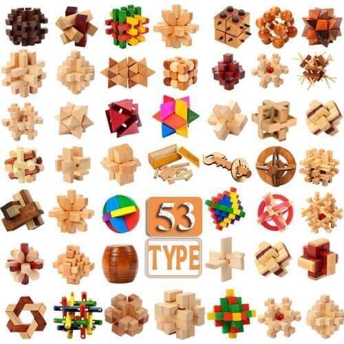 53 Kinds 3D Wooden Puzzle Toys Game Kongming Lock Cube Brain Teasers Educational Toy for Kids Adults Building Kit Block Model