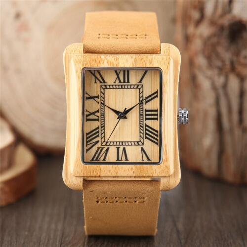 Creative Mens Rectangle Dial Nature Wooden Watches Simple Roman Numerals Hour Analog Clock Male Genuine Leather Reloj de madera