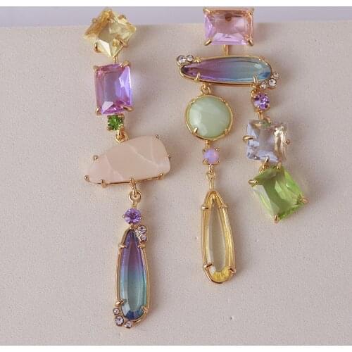 European and American jewelry wholesale asymmetric gradient color translucent crystal long earrings geometric color earrings