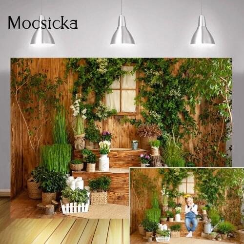 Spring Portrait Photography Backdrop for Photo Studio Green Grass Leaves Flowers Wood Board Background Easter Sunday Photocall