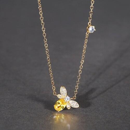 Exquisite Design Gold Plated Natural Yellow Crystal Bee necklace Chain Fashion Charm Women Luxury Wedding Jewelry Amulet Gifts