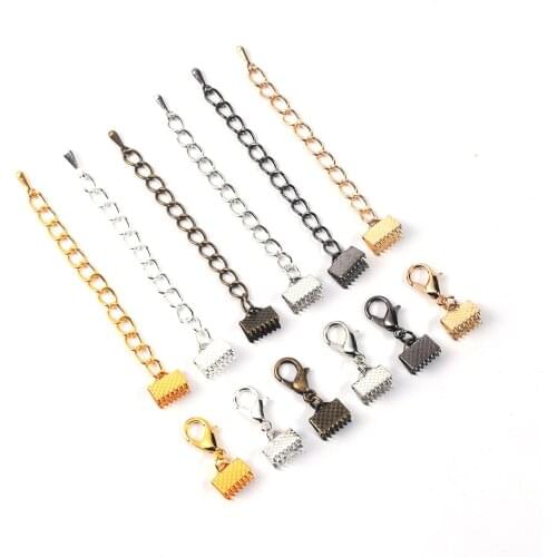 10pcs/lot Ribbon Leather Cord End Fastener Clasps With Chains Lobster Clasps Connectors For Bracelet DIY Jewelry Making Findings