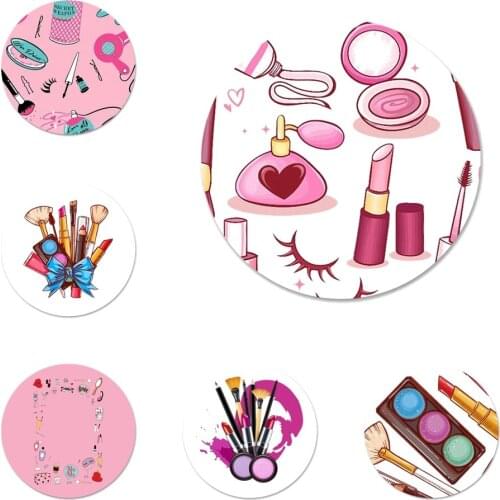 Cosmetic Makeups Lipstick Perfume Quicksand Icons Pins Badge Decoration Brooches Metal Badges For Backpack Decoration 58mm