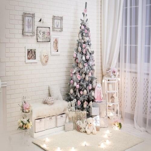Laeacco Hite Exquisite Interior Brick Wall Christmas Tree Gift Lace Curtain Baby Birthday Photographic Photo Backdrop
