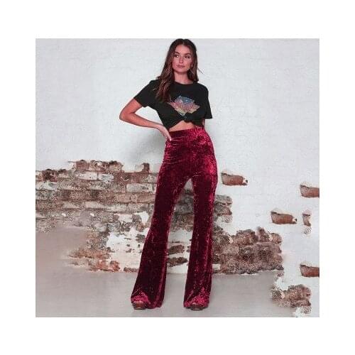 Fashion Women Pants Vintage Velvet High Waist Bell Bottoms Ladies Stretch Wide Leg Pants Trousers Velvet Casual Wide-leg Pants