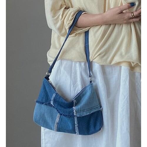 Fashion Women Patchwork Denim Shoulder Bags Zipper Personality Pocket Large Capacity Decorative Handbag Bag