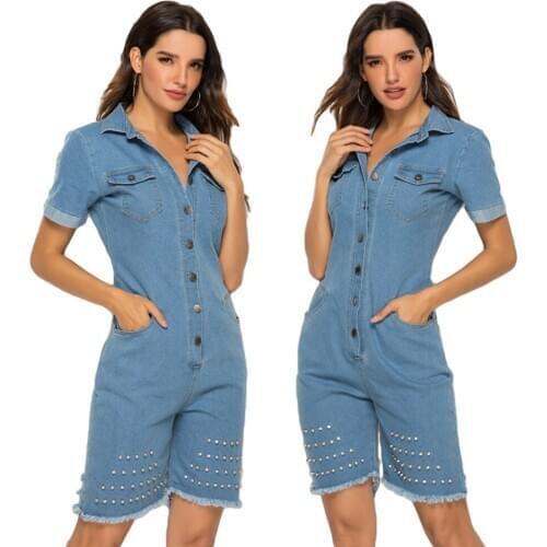 Fashion Women Overall Denim Short Sleeve Casual Jumpsuit Summer Jeans Shorts Romper Ripped Buttons Playsuit Bodysuit Outfits