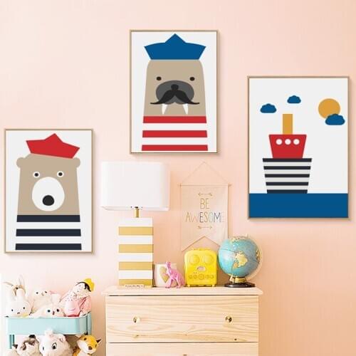 Cartoon Sailor Captain Poster Small Animal Ship Fish Canvas Painting Childrens Room Decoration Wall Picture for Living Room Art