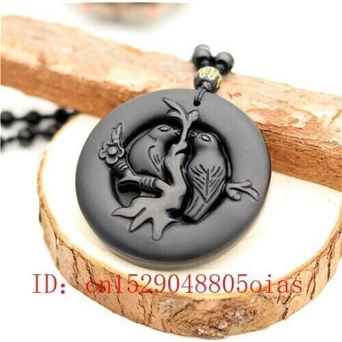 Natural Black Obsidian Lovebirds Pendant Beads Necklace Fashion Charm Jewellery Hand-Carved Lucky Amulet Gifts for Women Men