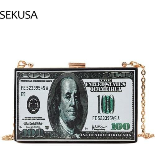 Plastic EUR 100 Money Women Clutch Letter Flap Fashion Cash Chain Shoulder Handbags Mixed Party Evening Bags
