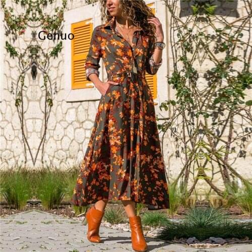 Summer Long Dress Women Floral Print Boho Dress Long Sleeve Turn Down Collar Shirt Dress Ladies Casual Dresses Vestidos