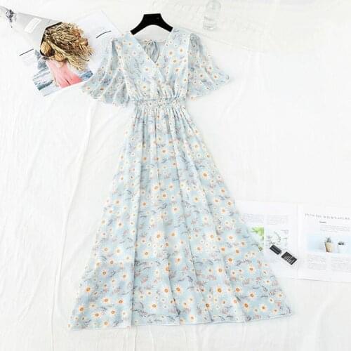 Vintage Floral Print Long Dress Women Elastic Waist Boho Short Sleeve Ruffle Chiffon Dress 2021 Sexy V Neck Party Dresses Robe