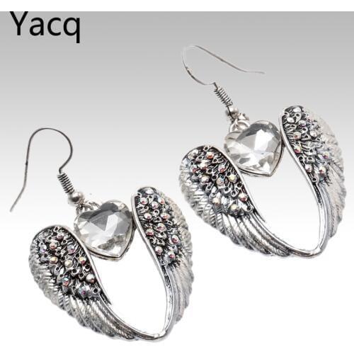 YACQ Wings Heart Dangle Drop Earrings Antique Silver Color W Crystal Women Girls Biker Bling Jewelry Gifts Dropshipping EC06