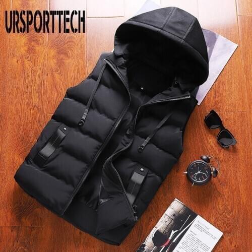 URSPORTTECH New Mens Casual Hooded Vest Solid Sleeveless Winter Jacket Male Thick Warm Waistcoat Zipper Pockets Outerwear