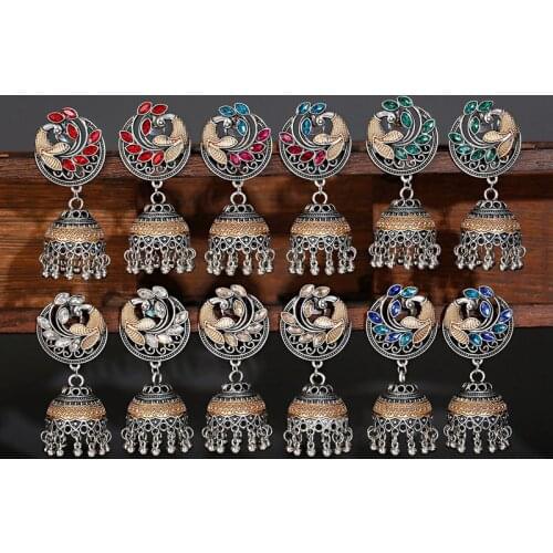 Vintage Silver Color Rhinestone Peacock Flower Alloy Bollywood Oxidized Earrings For Women Ethnic Tassel Jhumka Earrings