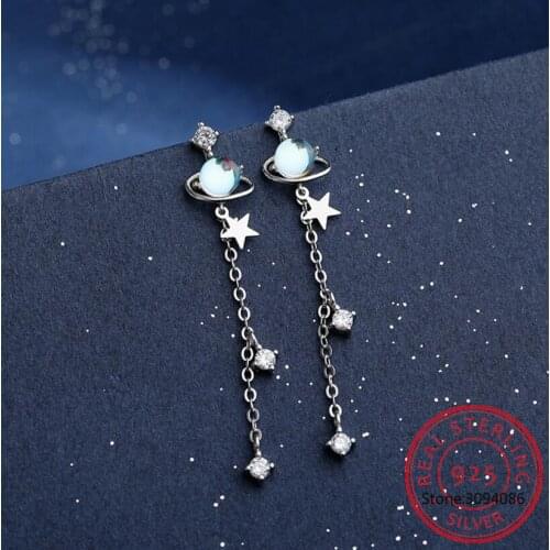925 Sterling Silver Zircon Star Earrings for Women Blue Space Universe Planet Circle Long Earrings 2021 Fine Jewelry