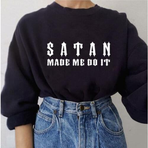 Satan Made Me Do It Gothic Black Women Fashion Long Sleeve Hoodie Sweatshirt Harajuku Hooded Pullover Tops Casual Loose Coat